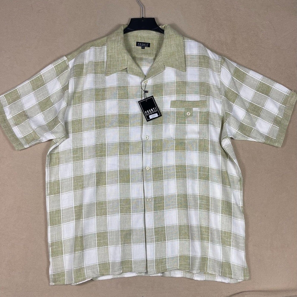 Pronti Short Sleeve Button‎ Up Shirt Mens 3XL Green Plaid Pocket Relaxed Fit NWT